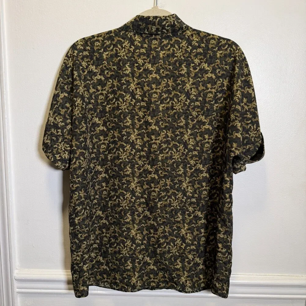 MICHAEL Michael Kors Floral Blouse L Black Olive Roll Tab Sleeve Gold Hardware